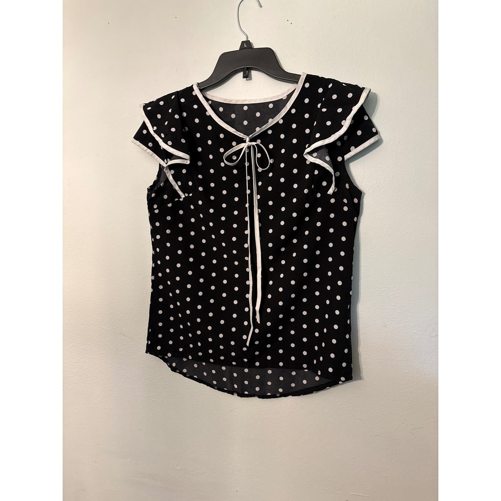 Unbranded Polka Dot Blouse Womens Small Black Excellent Flutter Sleeve Tie Neck
